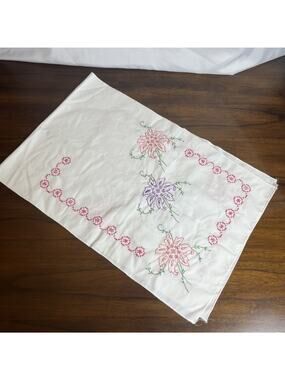 Cream Fabric Dresser Table Runner Hand Embroidered Vintage Purple & Pink Flowers